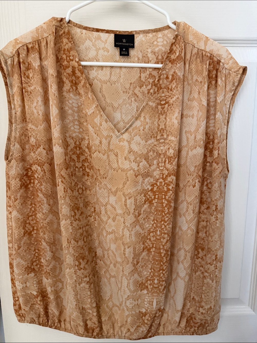 Worthington Beige-Tan Snake Print V-Neck Sleeveless Blouse